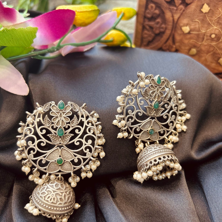 Green Stone Silver Oxidised Jhumka