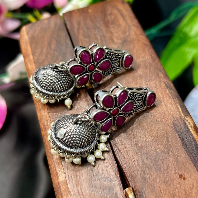 Rani Pink Stone Oxidised Jhumka