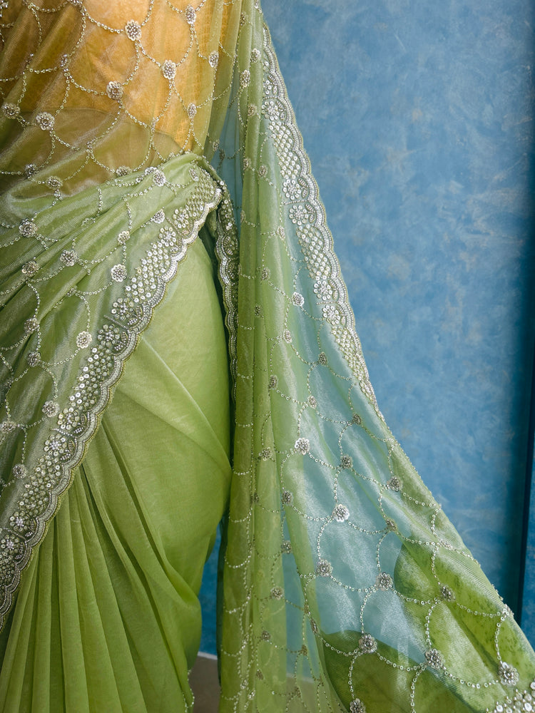 Sheen Green Hand Embroidery on Tissue Sari