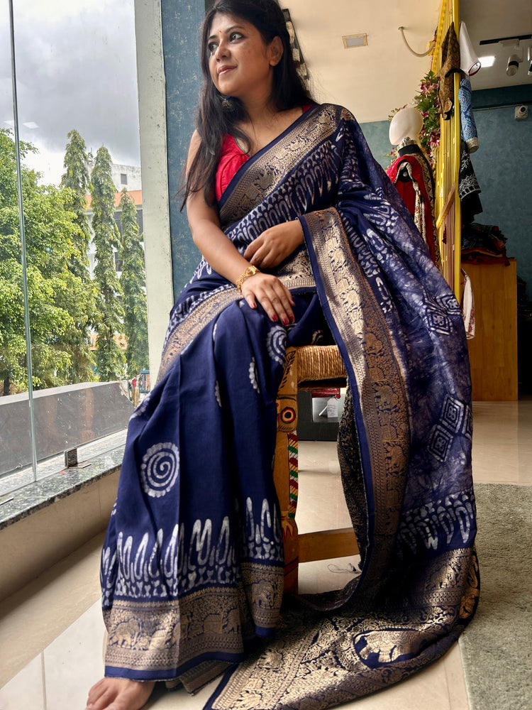 PURPLE AJRAK BLOCK PRINTED DOLA SILK SARI