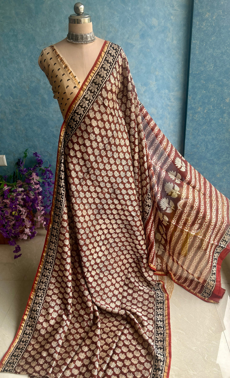 Spice Hand Block Printed Chanderi Sari