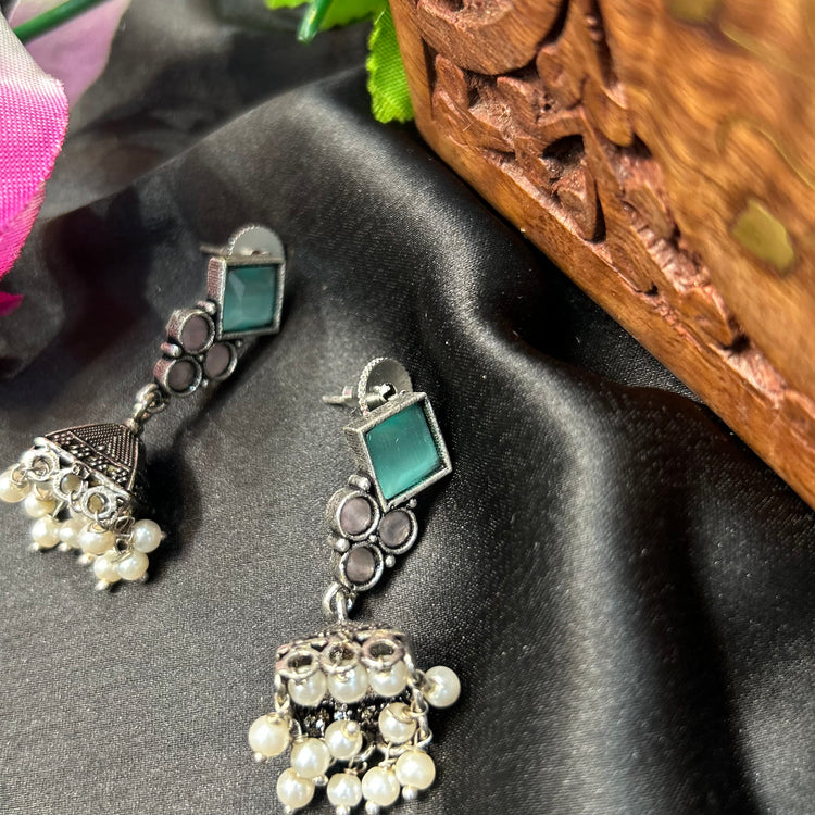 Turquoise Oxidised Silver Jhumka
