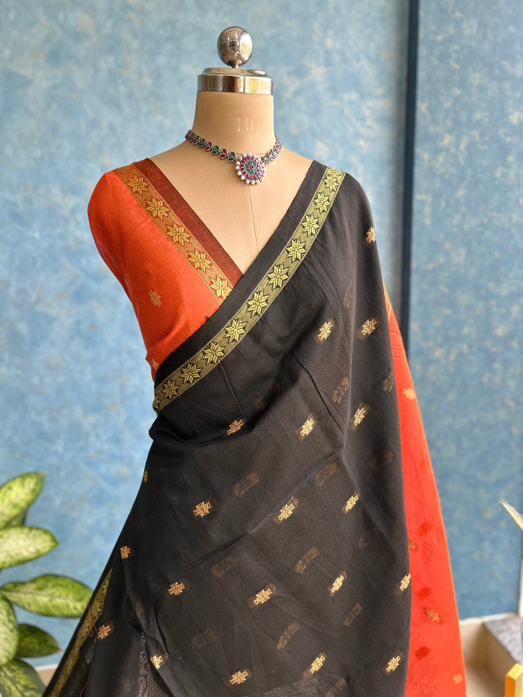 Handwoven Black with Orange Cotton Silk Sari