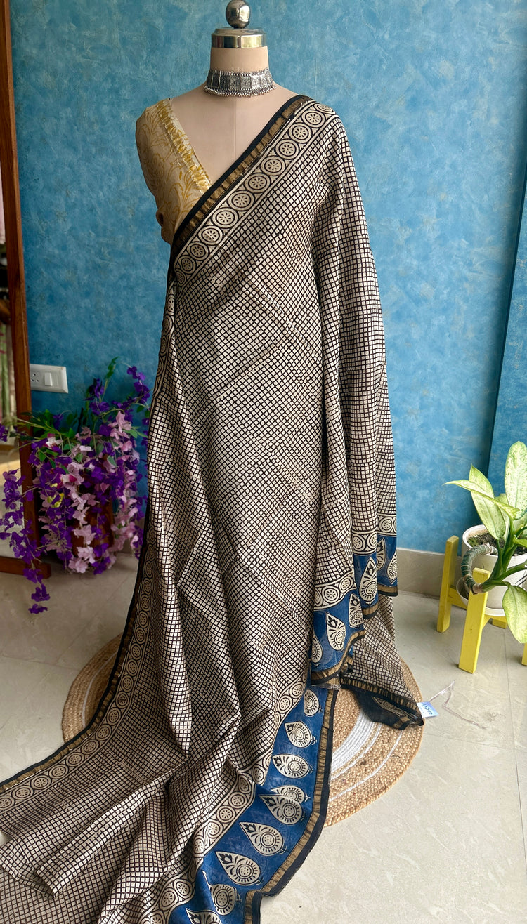 Checks Hand Block Printed Chanderi Sari
