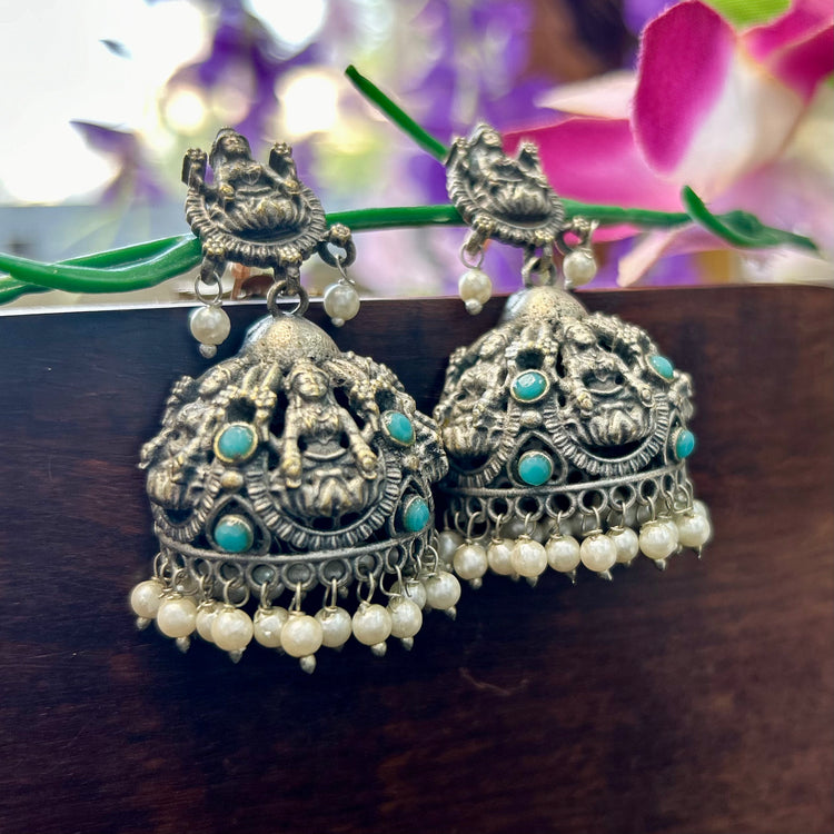 Sky Blue Stone Silver Oxidised Jhumka