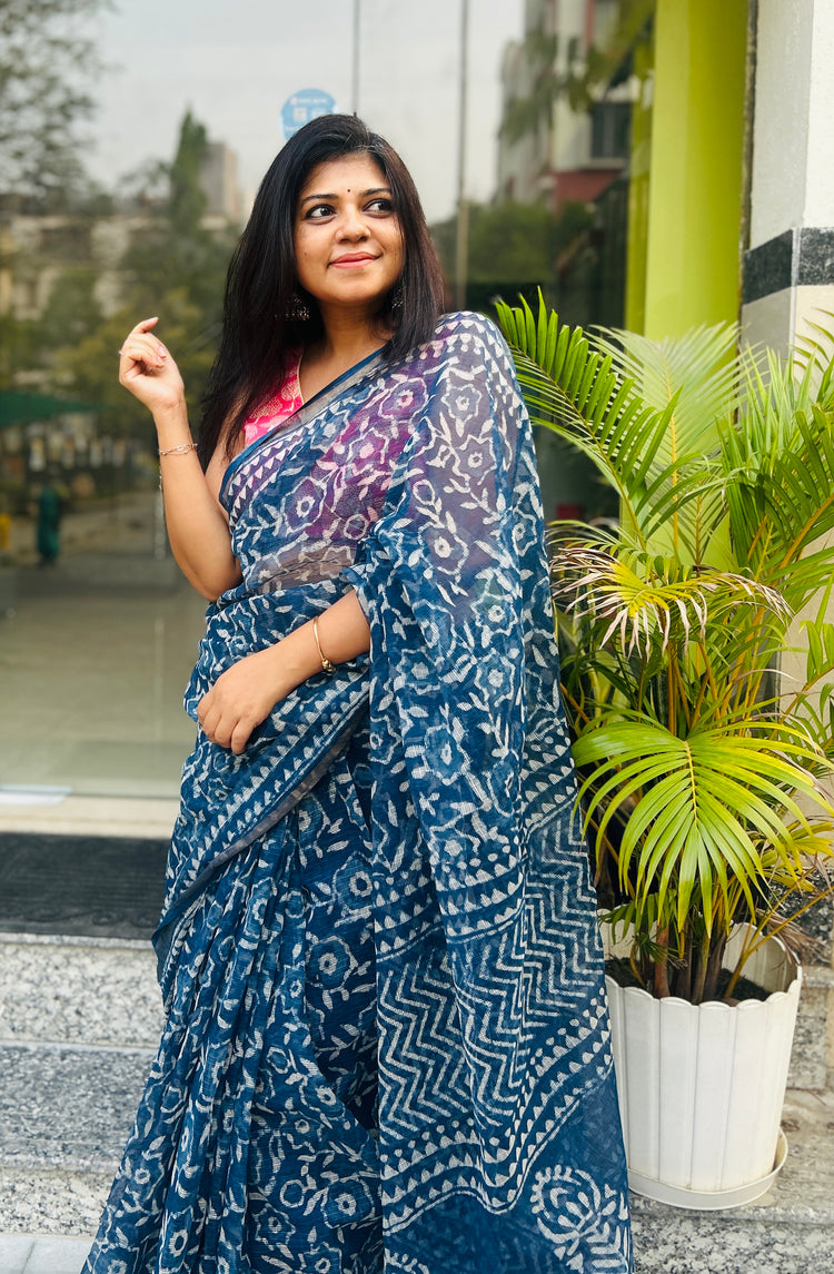 Indigo HandBlock Printed Kota Sari