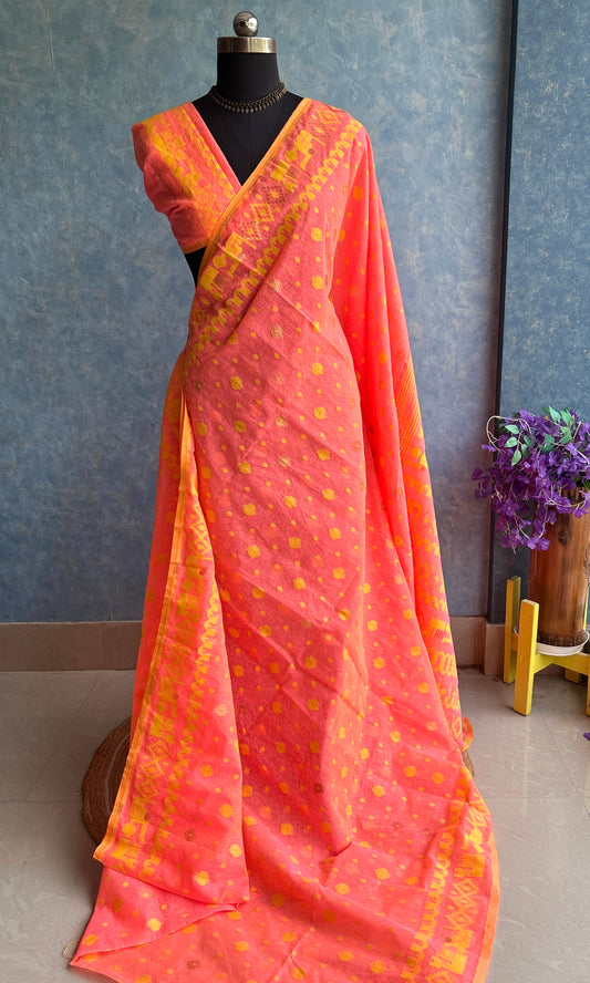 Coral Peach & Yellow Dhakai Jamdani