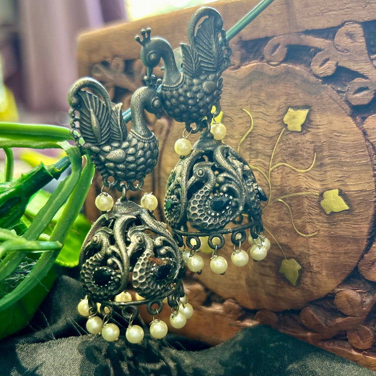 Peacock Silver Oxidised Jhumka