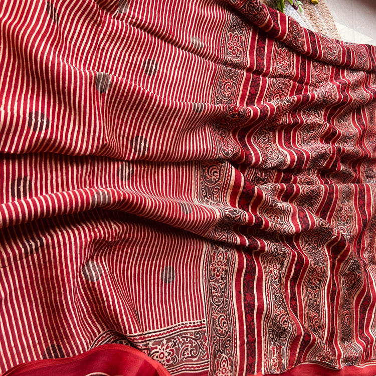RUSTIC RED AJRAK BLOCK PRINTED MODAL SILK SARI