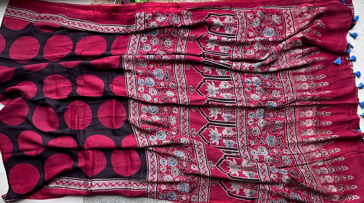 MAROON AND BLACK AJRAK BLOCK PRINTED MODAL SILK SARI