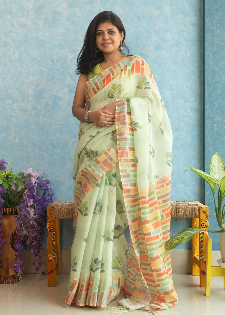 Linen Floral Print with Kantha stitch