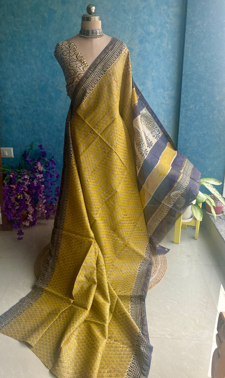 Titanium Hand Block Printed Chanderi Sar