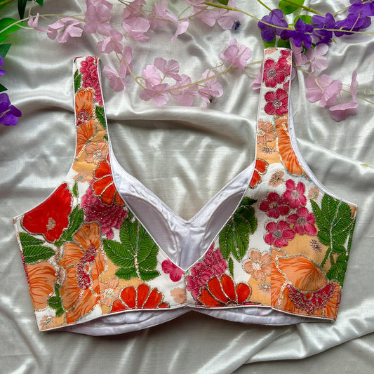 White Base Floral Designer Blouse