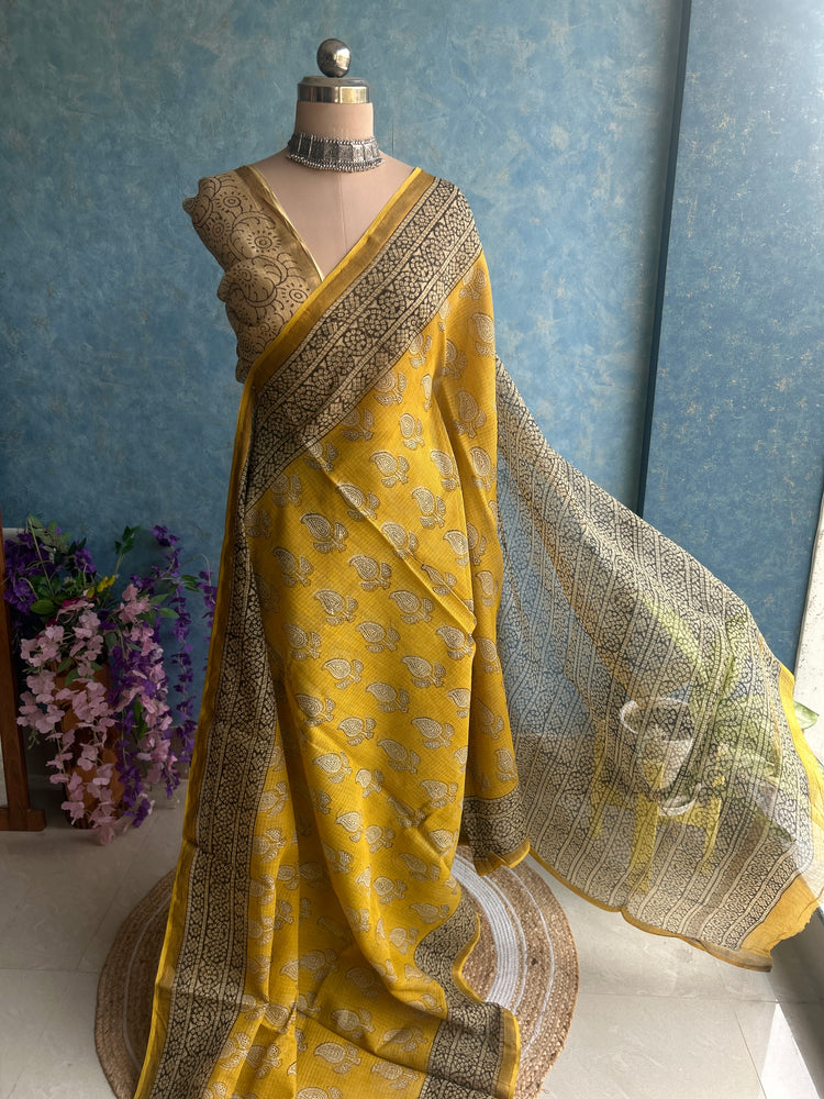 Yellow HandBlock Printed Kota Sari