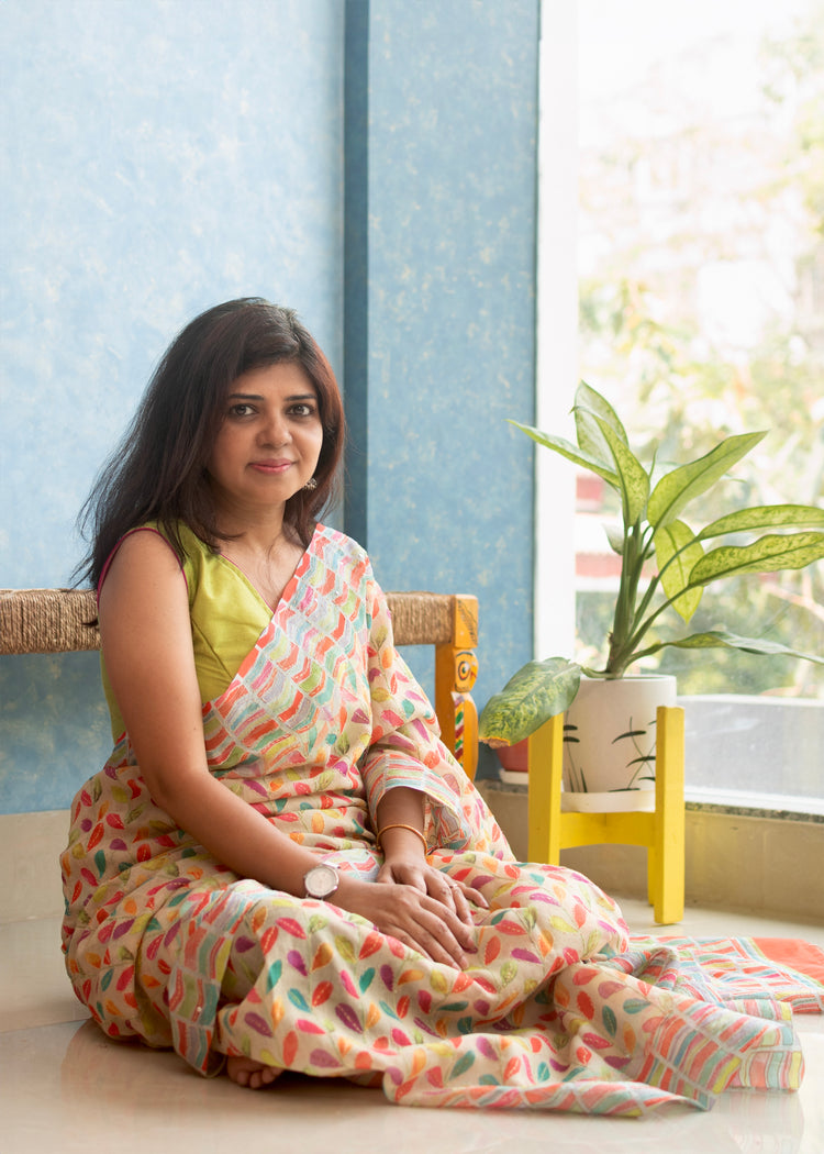 Linen Floral Print with Kantha stitch