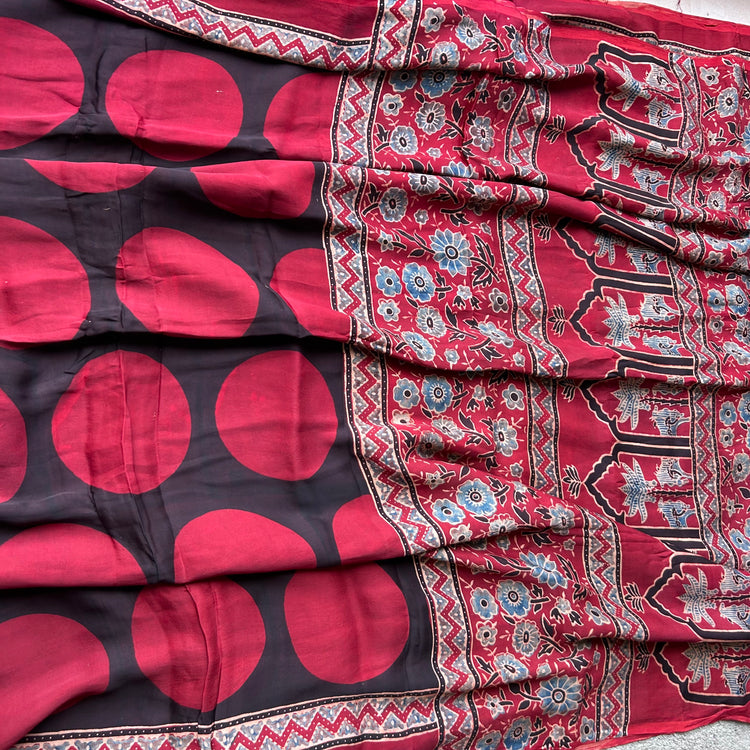 MAROON AND BLACK AJRAK BLOCK PRINTED MODAL SILK SARI