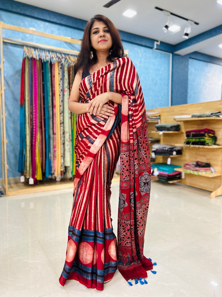 MAROON AJRAK BLOCK PRINTED MODAL SILK SARI