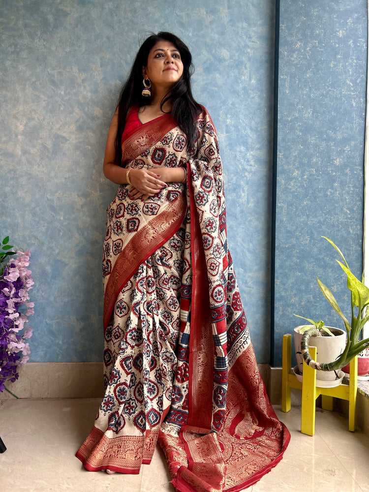 IVORY AJRAK BLOCK PRINTED DOLA SILK SARI