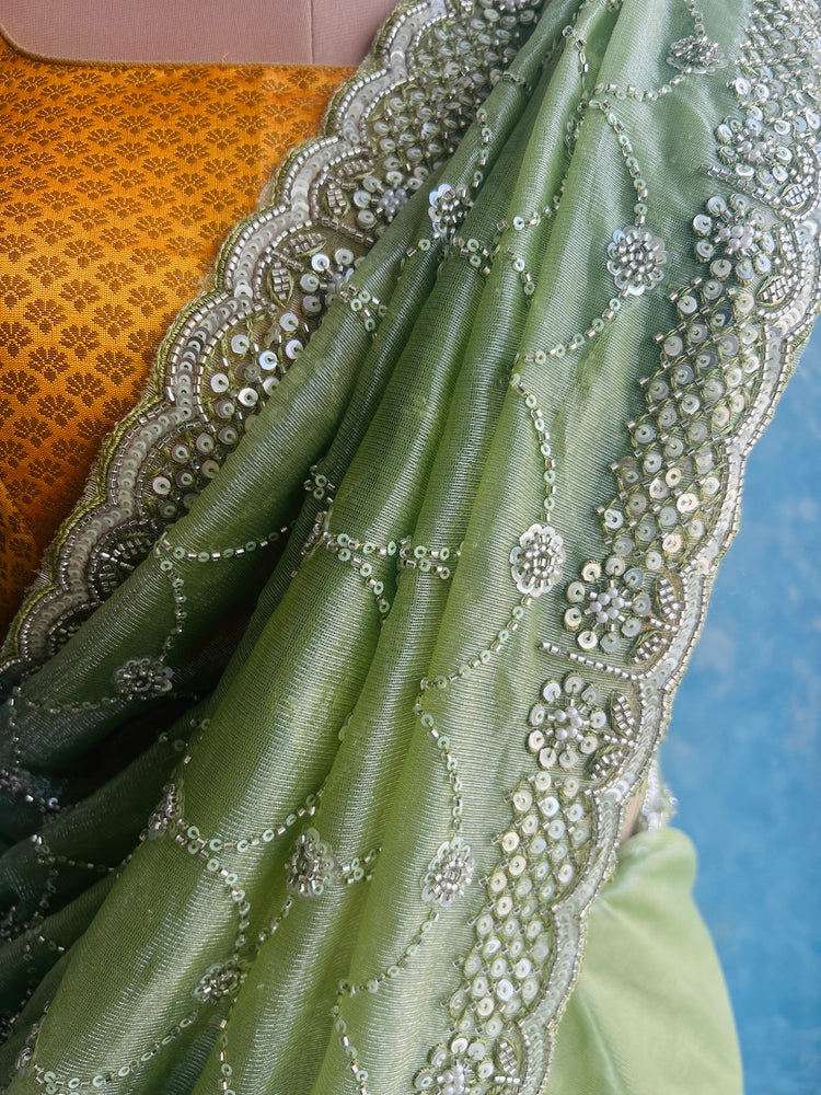 Sheen Green Hand Embroidery on Tissue Sari
