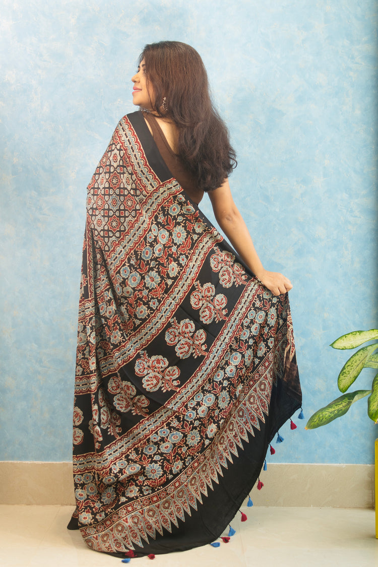 BLACK AJRAK BLOCK PRINTED MODAL SILK SARI