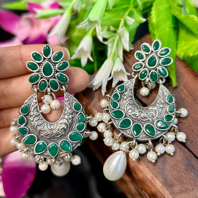 Green Stone Oxidised Earring