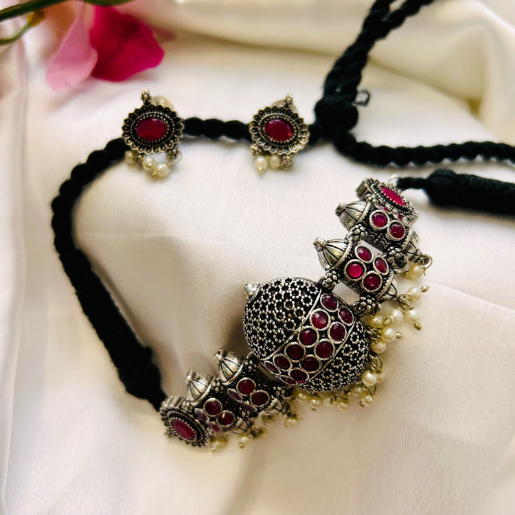 Deep Pink Stone Oxidised Choker Set