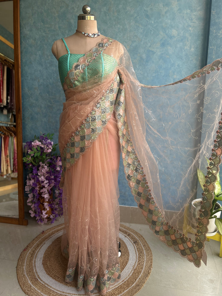 Peach Shades Designer Net Sari