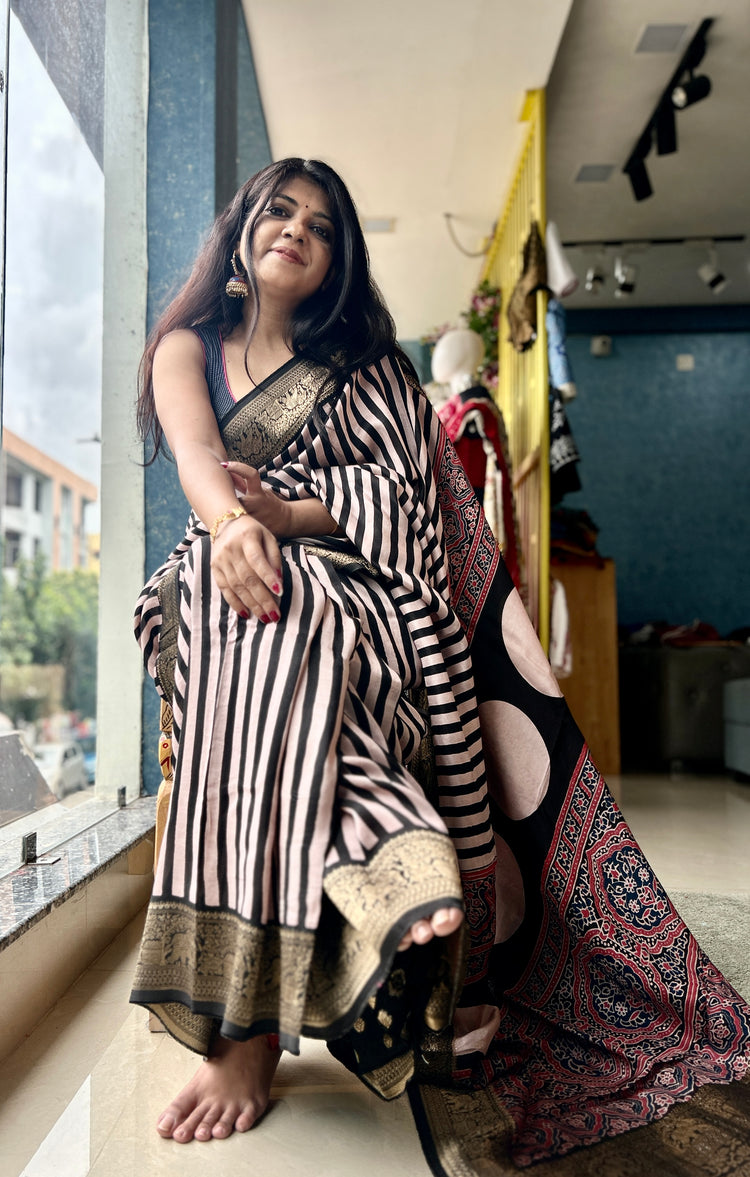 STRIPE AJRAK BLOCK PRINTED DOLA SILK SARI
