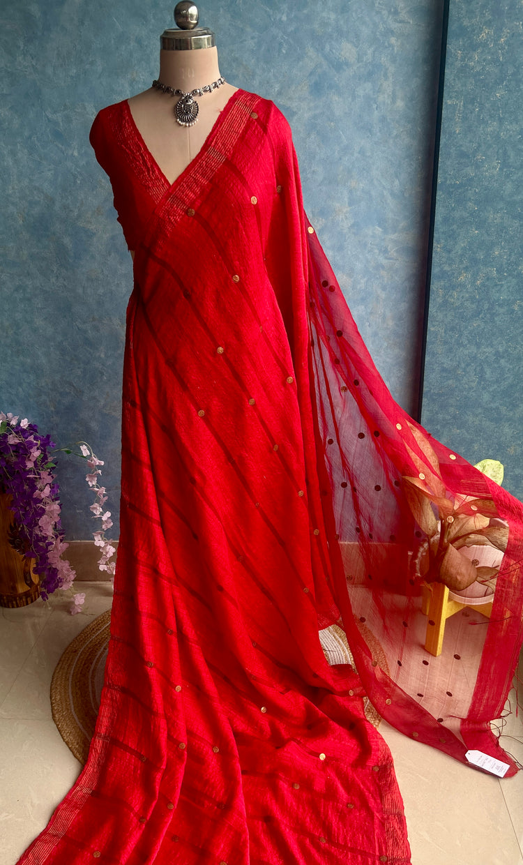 Candy Red Handloom Matka Muslin Silk Sari