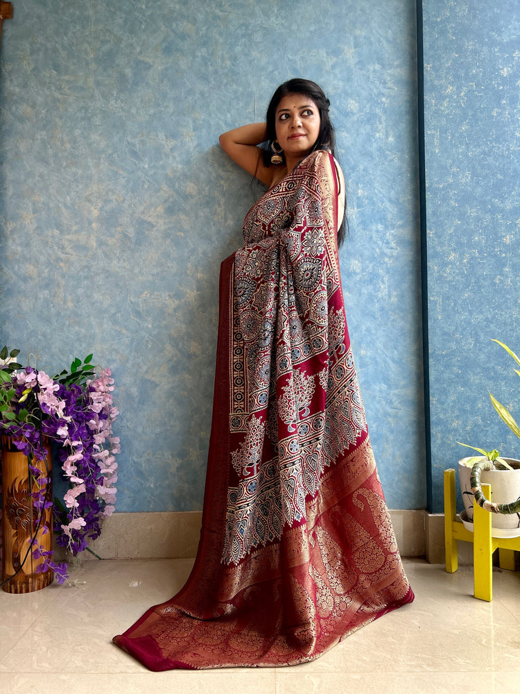 MAROON AJRAK BLOCK PRINTED DOLA SILK SARI