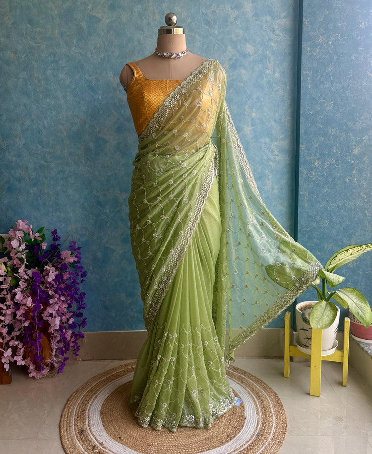 Sheen Green Hand Embroidery on Tissue Sari