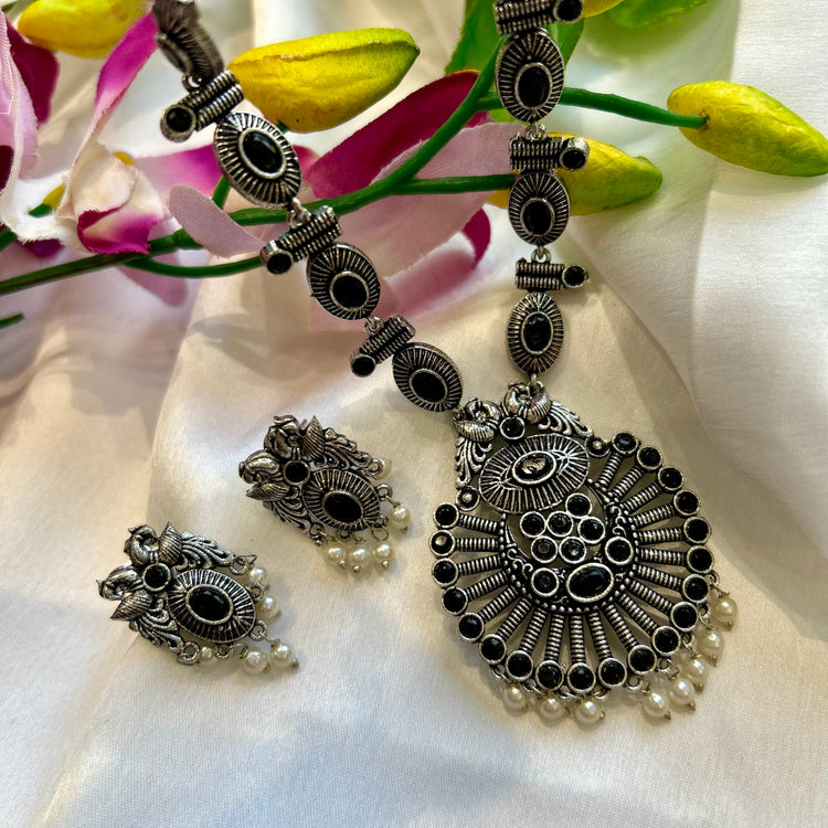 Black Long Oxidised Necklace Set