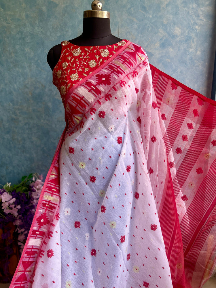 White Red Soft Dhakai Jamdani