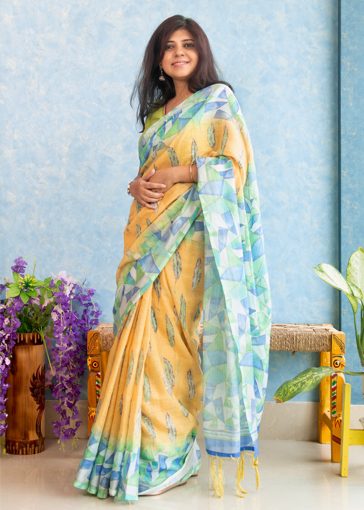 Linen Floral Print with Kantha stitch
