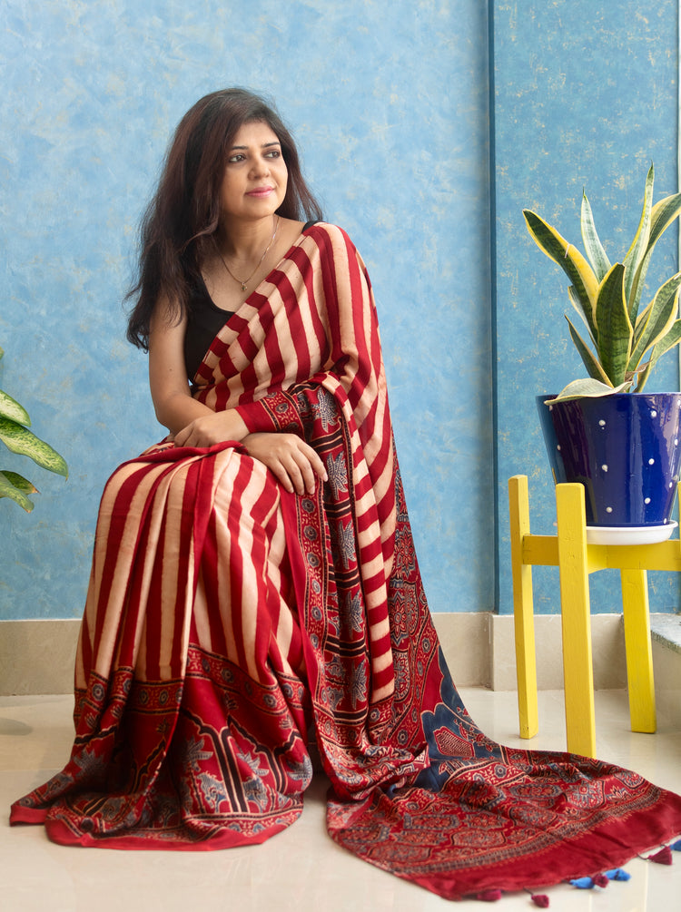 RUBY RED AJRAK BLOCK PRINTED MODAL SILK SARI