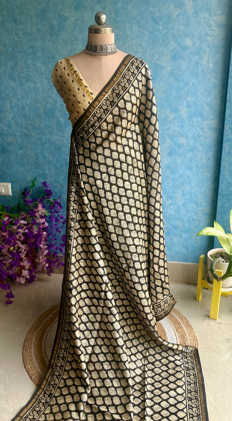 Beige Hand Block Printed Chanderi Sar