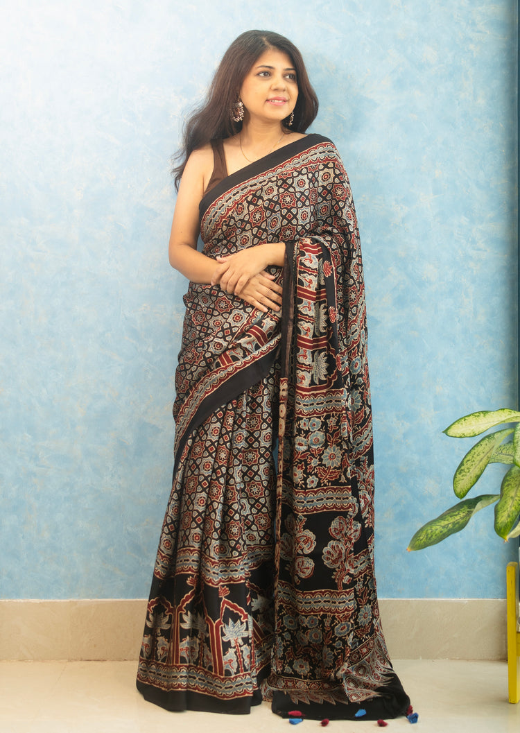 BLACK AJRAK BLOCK PRINTED MODAL SILK SARI