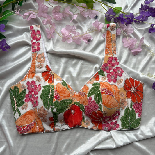 White Base Floral Designer Blouse