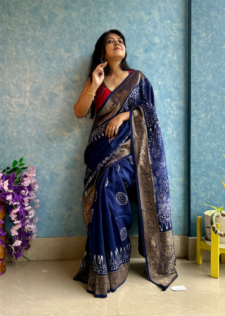 PURPLE AJRAK BLOCK PRINTED DOLA SILK SARI