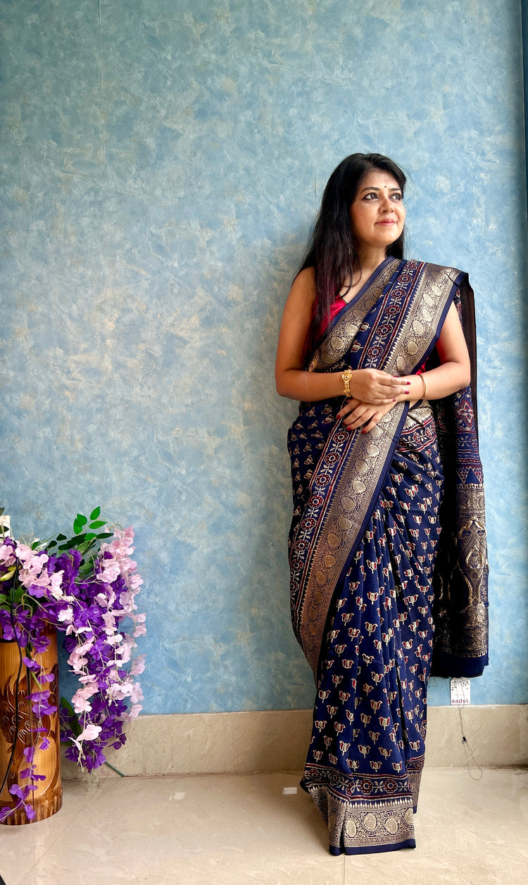 INDIGO AJRAK BLOCK PRINTED DOLA SILK SARI