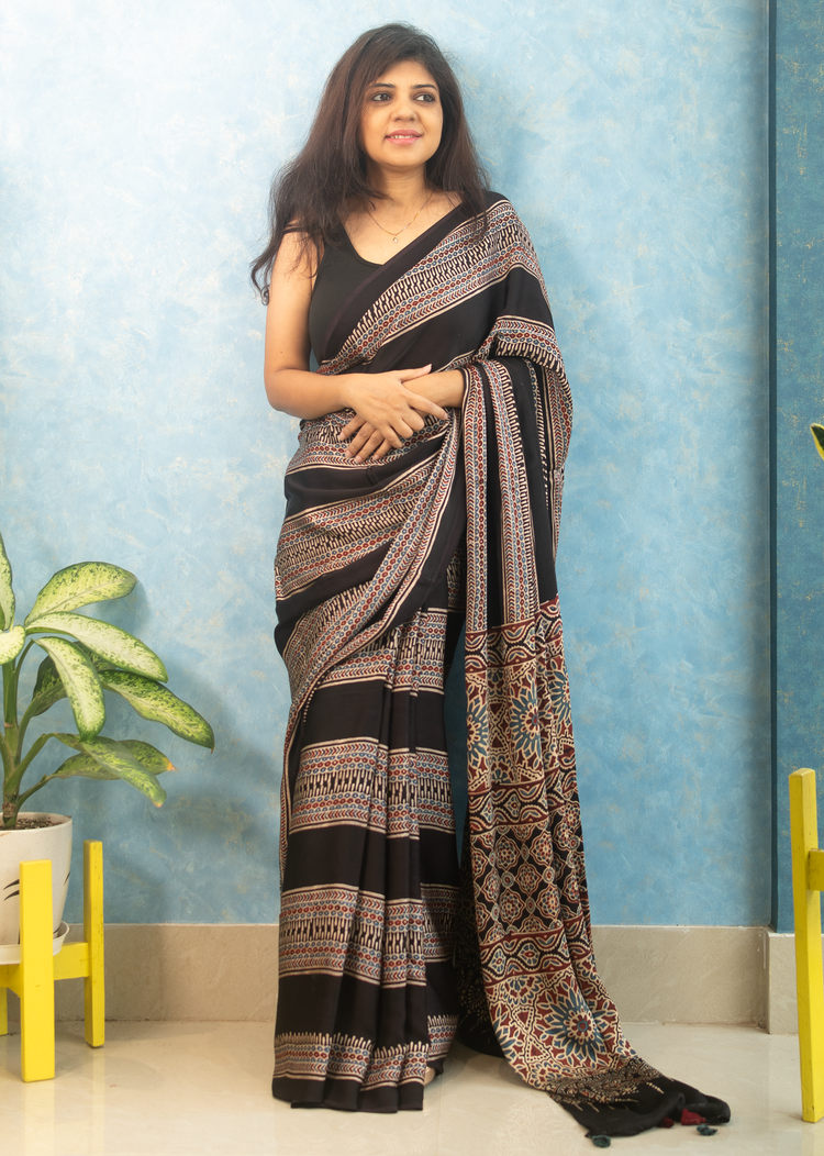 BLACK AJRAK BLOCK PRINTED MODAL SILK SARI