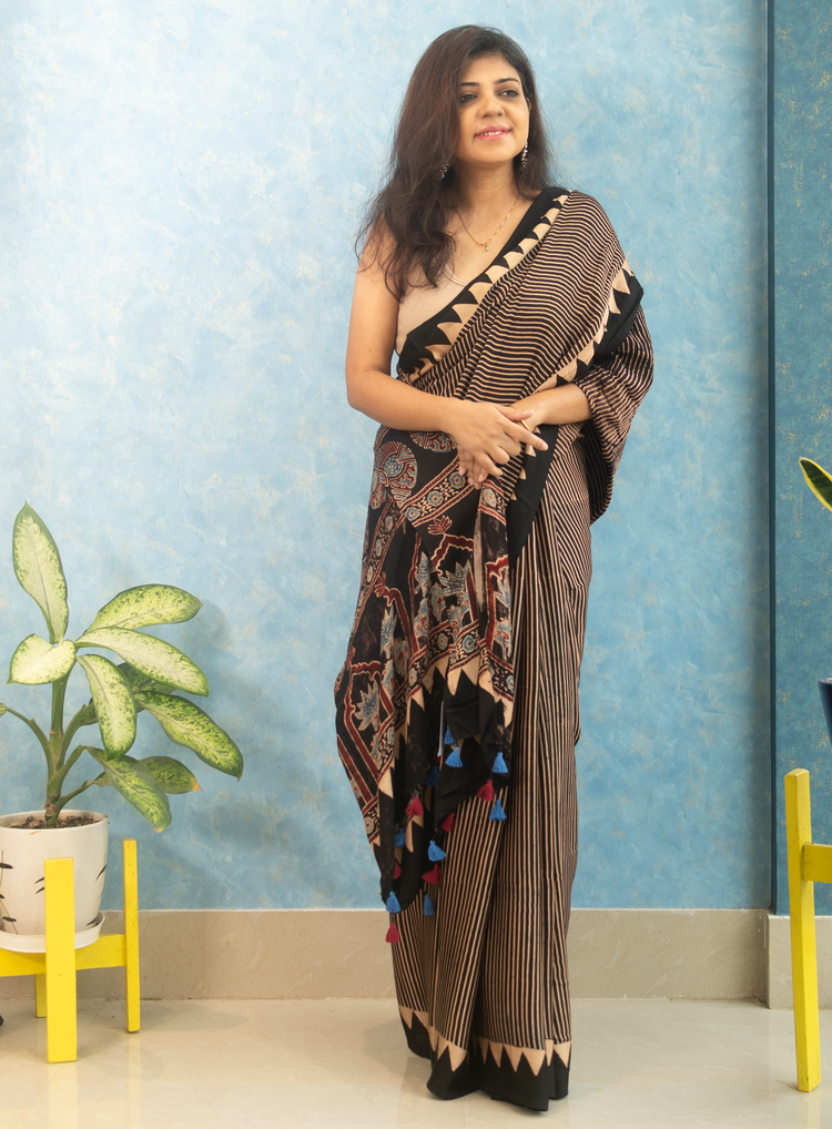 BLACK AJRAK BLOCK PRINTED MODAL SILK SARI