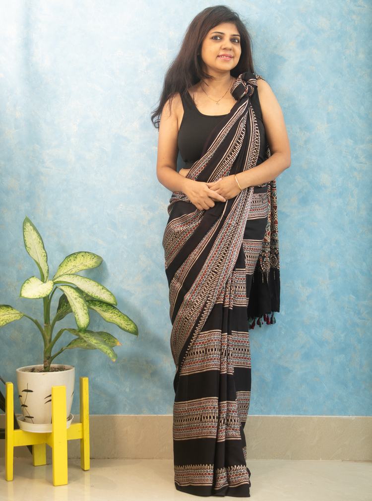 BLACK AJRAK BLOCK PRINTED MODAL SILK SARI