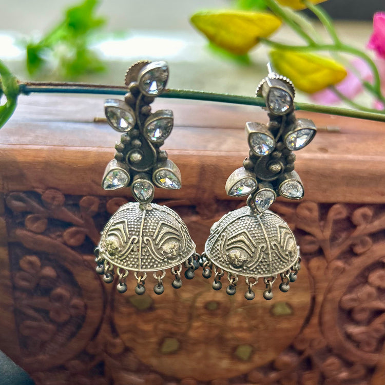 White Stone Silver Oxidised Jhumka