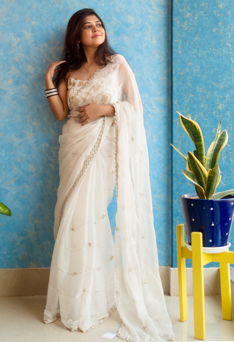 Hand Embroidery on White Jimmy Choo Sari