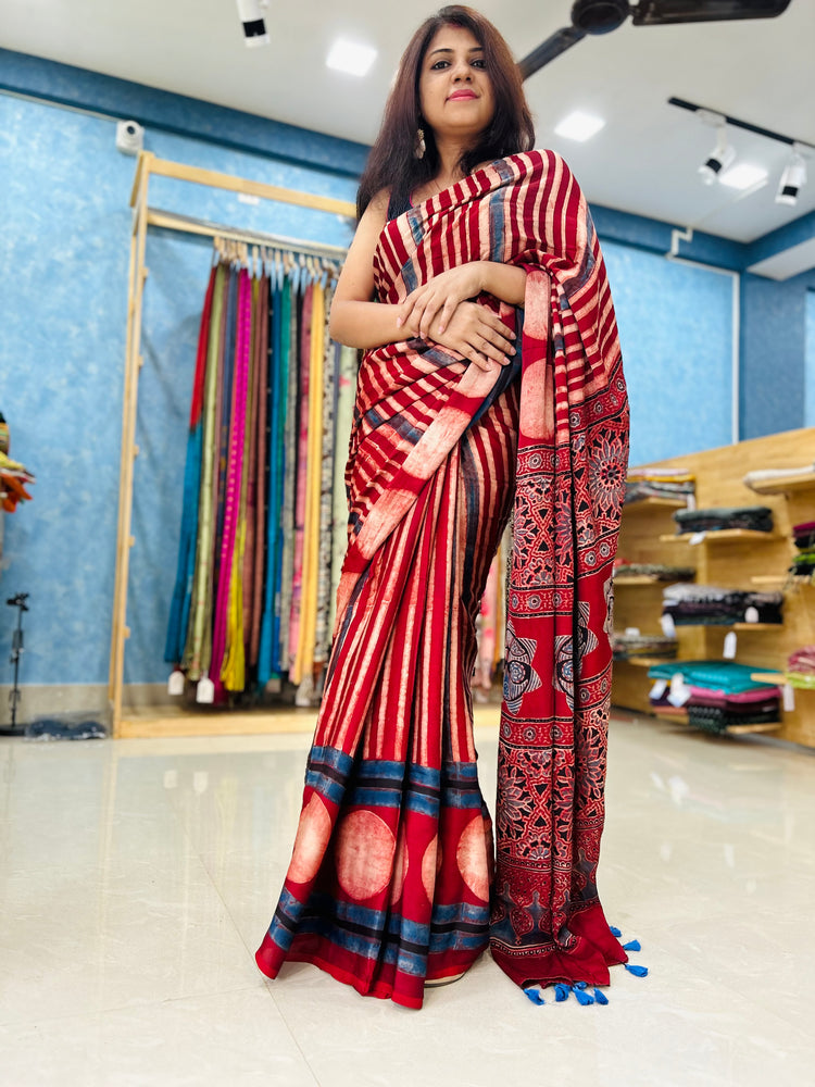 MAROON AJRAK BLOCK PRINTED MODAL SILK SARI
