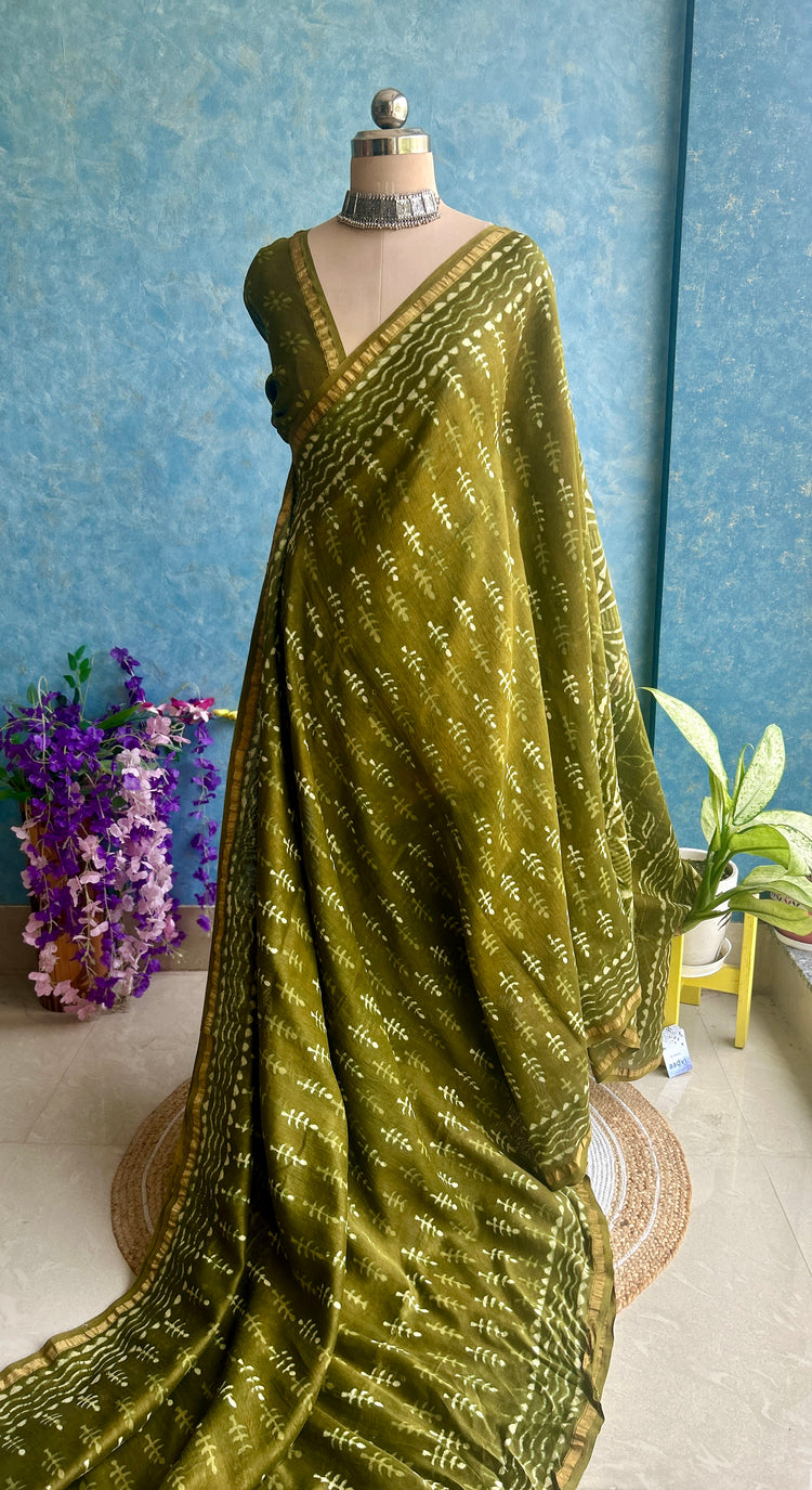 Mahendi Green Hand Block Printed Chanderi Sari
