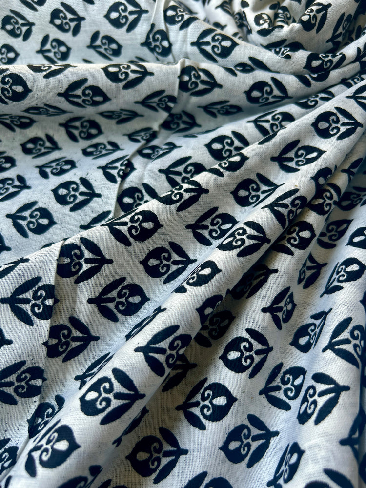 White Block Printed Cotton Fabric