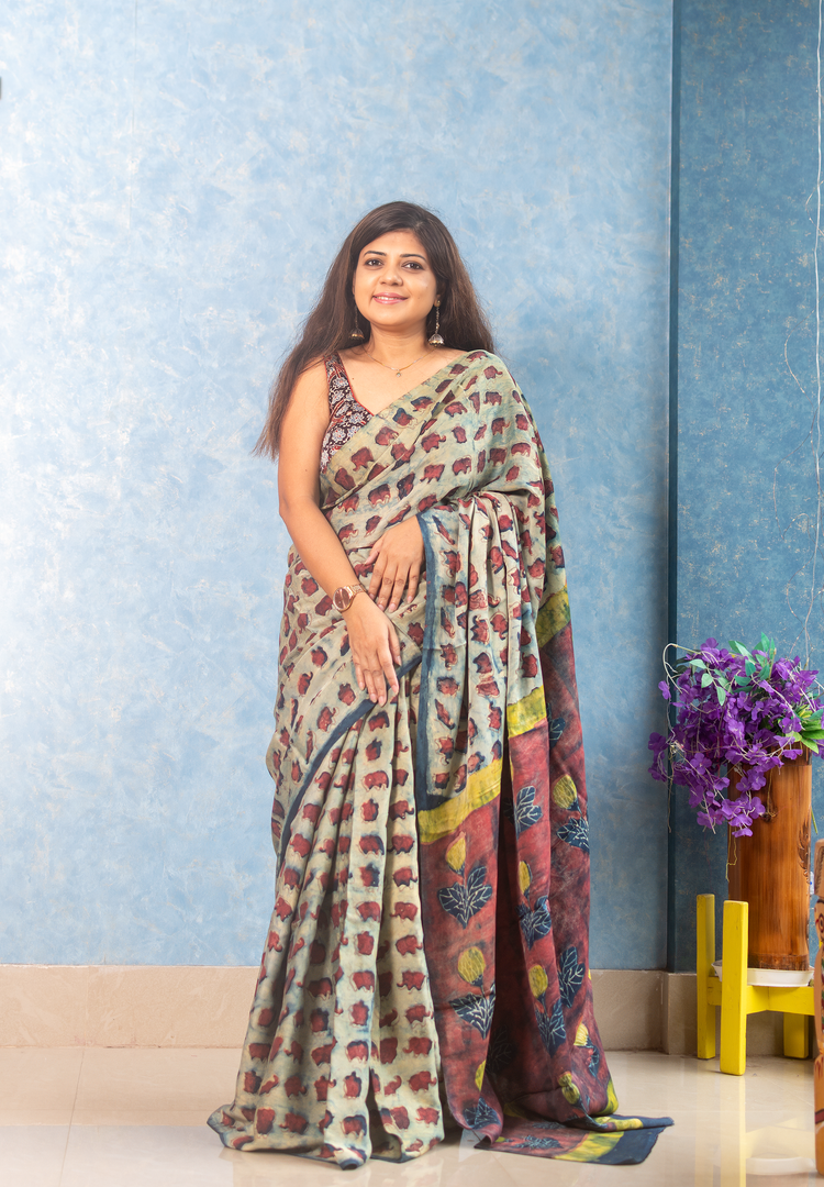 Natural Pomegranate Peel Dyed Modal Tussar Ajrakh Saree