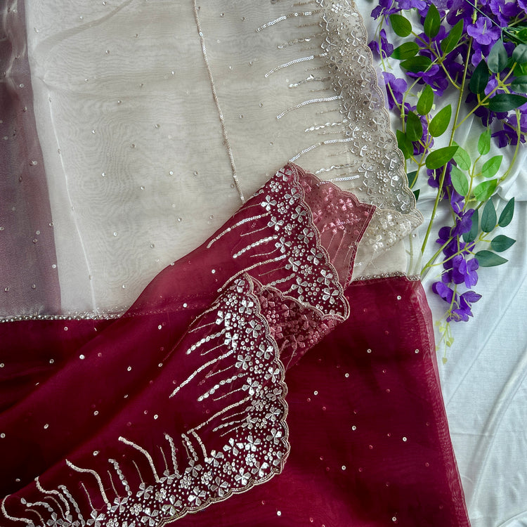Maroon and Perl Colour Hand Embroidery on Organza Sari